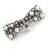 Vintage Inspired White Faux Pearl, Clear Crystal Bow Barrette Hair Clip Grip In Gunmetal Finish - 85mm Across