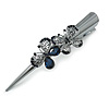 Large Midnight Blue Crystal Double Butterfly Hair Beak Clip/ Concord Clip In Black Tone - 13cm L