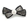 Small Vintage Inspired Filigree Midnight Blue Crystal Bow Barrette Hair Clip Grip In Aged Silver Finish - 60mm Across