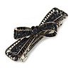 Small Vintage Inspired Midnight Blue Crystal Bow Barrette Hair Clip Grip In Aged Silver Finish - 60mm Across