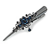 Large Midnight Blue Crystal Flower with Dangle Hair Beak Clip/ Concord Clip In Black Tone - 13cm L