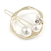 Gold Tone White Glass Pearl Bead Clear Crystal Open Circle Hair Slide/ Grip - 45mm Across
