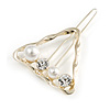 Gold Tone White Glass Pearl Bead Clear Crystal Open Triangular Hair Slide/ Grip - 45mm Across
