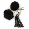 Black Faux Fur Pom-Pom and Dark Grey Metallic Faux Leather Tassel Gold Tone Key Ring/ Bag Charm - 21cm L