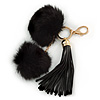 Black Faux Fur Pom-Pom and Black Faux Leather Tassel Gold Tone Key Ring/ Bag Charm - 21cm L
