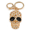 Clear/ Black Crystal Skull Keyring/ Bag Charm In Gold Tone - 10cm L