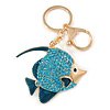 Azure Blue Crystal, Teal Enamel Fish Keyring/ Bag Charm In Gold Tone Metal - 11cm L
