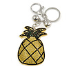 Yellow/ Green Crystal Pineapple Keyring/ Bag Charm In Silver Tone Metal - 11cm L
