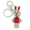 Clear/ Red Crystal Happy Easter Bunny Keyring/ Bag Charm In Silver Tone Metal - 10cm L