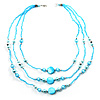 3-Strand Long Shell And Glass Bead Necklace (Aqua)