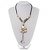 Antique White Shell Composite Floral Tassel Leather Cord Necklace