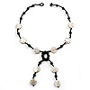 Glass & Shell Bead Tassel Necklace (Black & White)