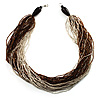 Chunky Multi-Strand Glass Bead Wood Necklace (Brown & Transparent/ White) - 58cm L