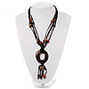 Wood 'O' Shaped Pendant Suede Black & Brown Cord Necklace - 50cm Length