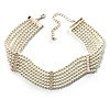 6-Strand White Faux Pearl Bridal Diamante Choker Necklace in Silver Plated Metal - 30cm L/5cm Ext
