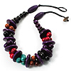Multicoloured Chunky Wood Bead Cotton Cord Necklace - 44cm