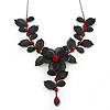 Stunning Y-Shape Mesh Black Floral Necklace With Ruby Red Coloured Swarovski Crystals - 34cm Length (7cm extension)