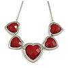 5 Red Graduated Acrylic Heart Necklace (Silver Tone) - 32cm Length (7cm Extender)