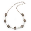 Wired Cube & Glass Bead Modern Necklace In Silver Plated Metal - 56cm Length