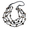 Long Multistrand Black Shell & Simulated Pearl Necklace - 96cm Length