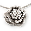 Silver Tone Crystal Rose Medallion Choker Necklace -