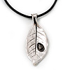 Large Silver Plated 'Leaf' Pendant On Leather Cord - 40cm Length (7cm extender)