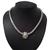 Silver Plated Mesh Choker Necklace With Simulated Pearl Stone - 38cm Length