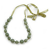 Long Round Pale Green Resin 'Cracked Effect' Bead Necklace With Silk Ribbon - Adjustable