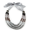 Long Multi Layered Grey/Metallic/Ash Grey/Black Acrylic Bead Necklace With Light Silver Ribbon - Adjustable