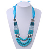 Long Multi Layered Metallic/ Teal/ Turquoise Coloured Acrylic Bead Necklace With Azure Silk Ribbon - Adjustable