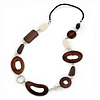 Wood Link & Glass Nugget Leather Style Long Necklace (Dark Brown, White & Black) - 76cm Length