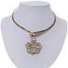 Clear Swarovski Crystal 'Flower' Pendant Hammered Collar Necklace In Burn Gold Finish - 38cm Length