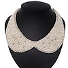 White Simulated Pearl Clear Crystal Felt Peter Pan Collar Necklace In Silver Plating - 28cm Length/ 7cm Extension