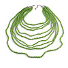 Long Layered Pea Green Acrylic Bead Necklace In Silver Plating - 112cm Length/ 5cm Extension