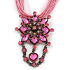 Pink Statement Diamante Charm Pendant Cord Necklace In Bronze Metal - 38cm Length/ 7cm Extension