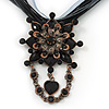 Black/Grey Statement Diamante Charm Pendant Cord Necklace In Bronze Metal - 38cm Length/ 7cm Extension
