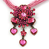 Fuchsia/ Pink Diamante Vintage Flower Pendant On Cotton Cords Necklace In Bronze Metal - 38cm Length/ 7cm Extension
