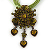 Olive Green Diamante Vintage Flower Pendant On Cotton Cords Necklace In Bronze Metal - 38cm Length/ 7cm Extension