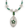 Oval Wire Pendant With Angel & Green Jade Flower Necklace In Rhodium Plating - 48cm Length/ 6cm Extension
