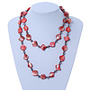 Long Brick Red Shell & Metal Bead Necklace - 110cm Length