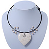 Antique White Ceramic 'Heart' Pendant Wired Choker Necklace - Adjustable