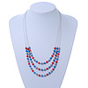3 Strand, Layered Bead Wire Necklace In Silver Tone (Metallic Grey, Metallic Red, Metallic Blue) - 56cm Length