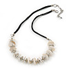 Antique White Shell Button & Metal Bead Velour Cord Necklace In Silver Tone - 52cm Length/ 7cm Extension