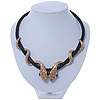 Austrian Crystal 'Double Snake' Black Leather Cord Necklace In Gold Tone Metal - 46cm Length/ 8cm Extension