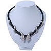 Austrian Crystal 'Double Snake' Black Leather Cord Necklace In Rhodium Plating - 46cm Length/ 8cm Extension
