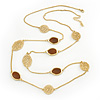 Long Stylish Brown Enamel Flower Necklace In Gold Plating - 104cm Length/ 5cm Extension