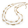 2 Strand White Glass & Gold Acrylic Bead Long Necklace In Gold Plating - 90cm Length/ 6cm Extension