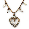 Vintage Inspired Crystal Open Heart Pendant With Bronze Tone Beaded Chain - 38cm L/ 6cm Ext