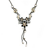 Grey, Cream Enamel Floral Y Shape Necklace In Pewter Tone Metal - 38cm L/ 6cm Ext