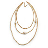 3 Strand Layered Gold Tone Chain with White Faux Pearl Necklace - 76cm L/ 8cm Ext